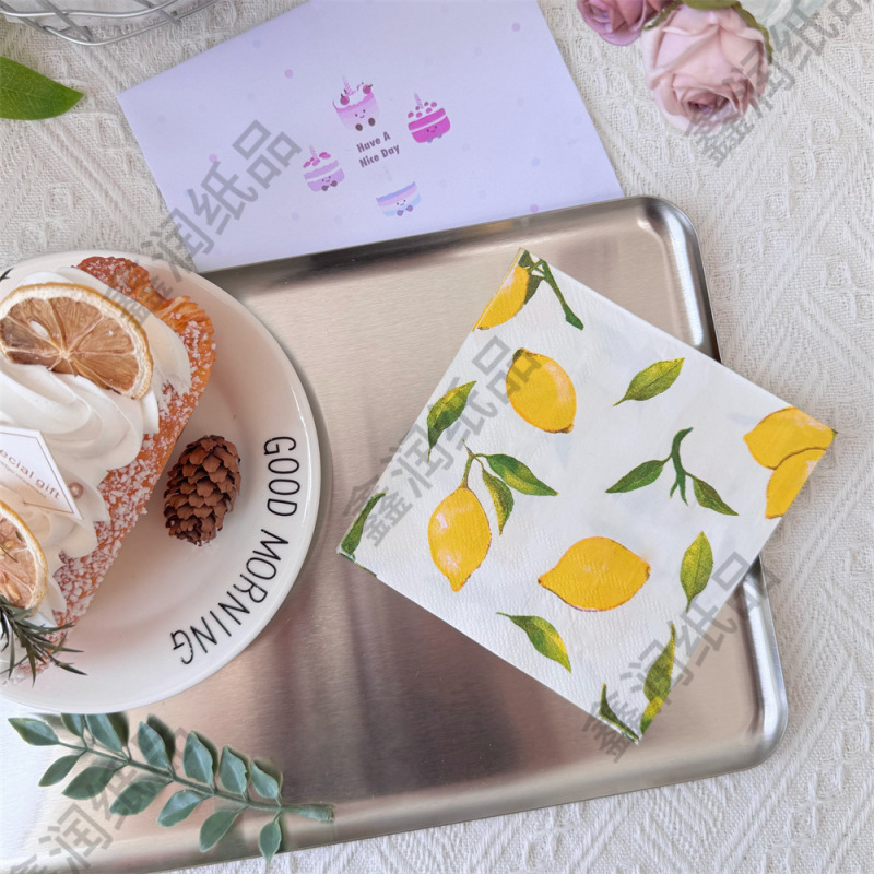 20 Pieces of Cross-Border Export Household Three-Layer Lemon Colorful Printed Napkins Restaurant Decorative Paper Towels Takeaway Paper 25cm