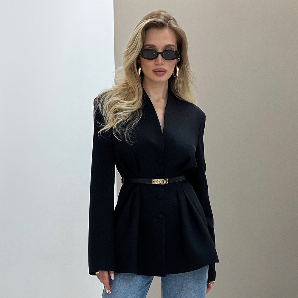 Chaqueta de Traje con Cuello en V para Mujer de Poliéster y Viscosa Corte Ajustado en la Cintura para Oficina y Trabajo