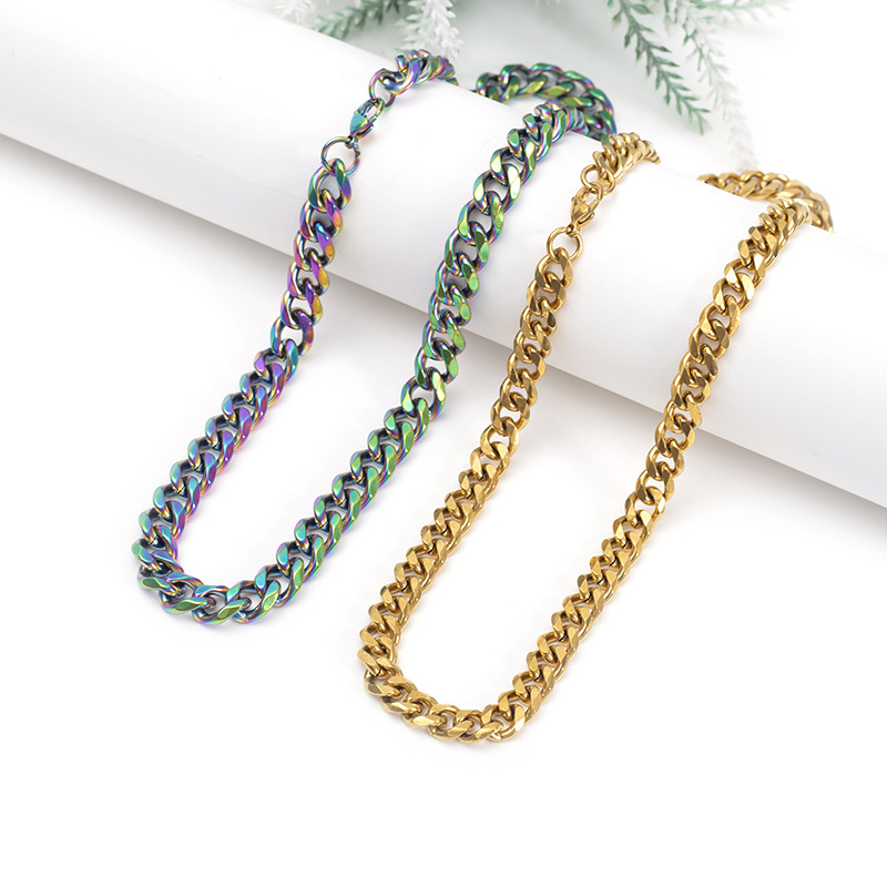 6-sided polished colorful titanium necklace men, punk rock hip-hop neck for women, stainless steel quenched Cuban chain_voghion.com