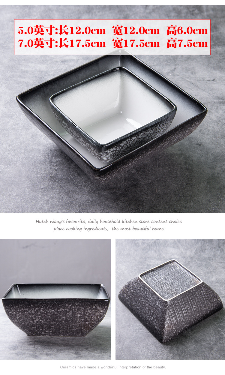Creativo copo de nieve esmalte negro tazón cuadrado de cerámica tazón de ensalada de frutas tazón de arroz tazón de sopa tazón cuchara tazón condimento tazón