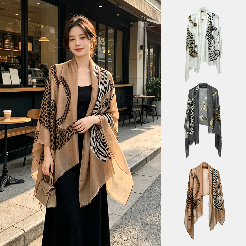 Trendy Leopard Print Soft Shawl for Women, Spring and Autumn Vintage Old Money Style, Leopard Print Cotton Linen Thin Long Scarf with a High-End Feel