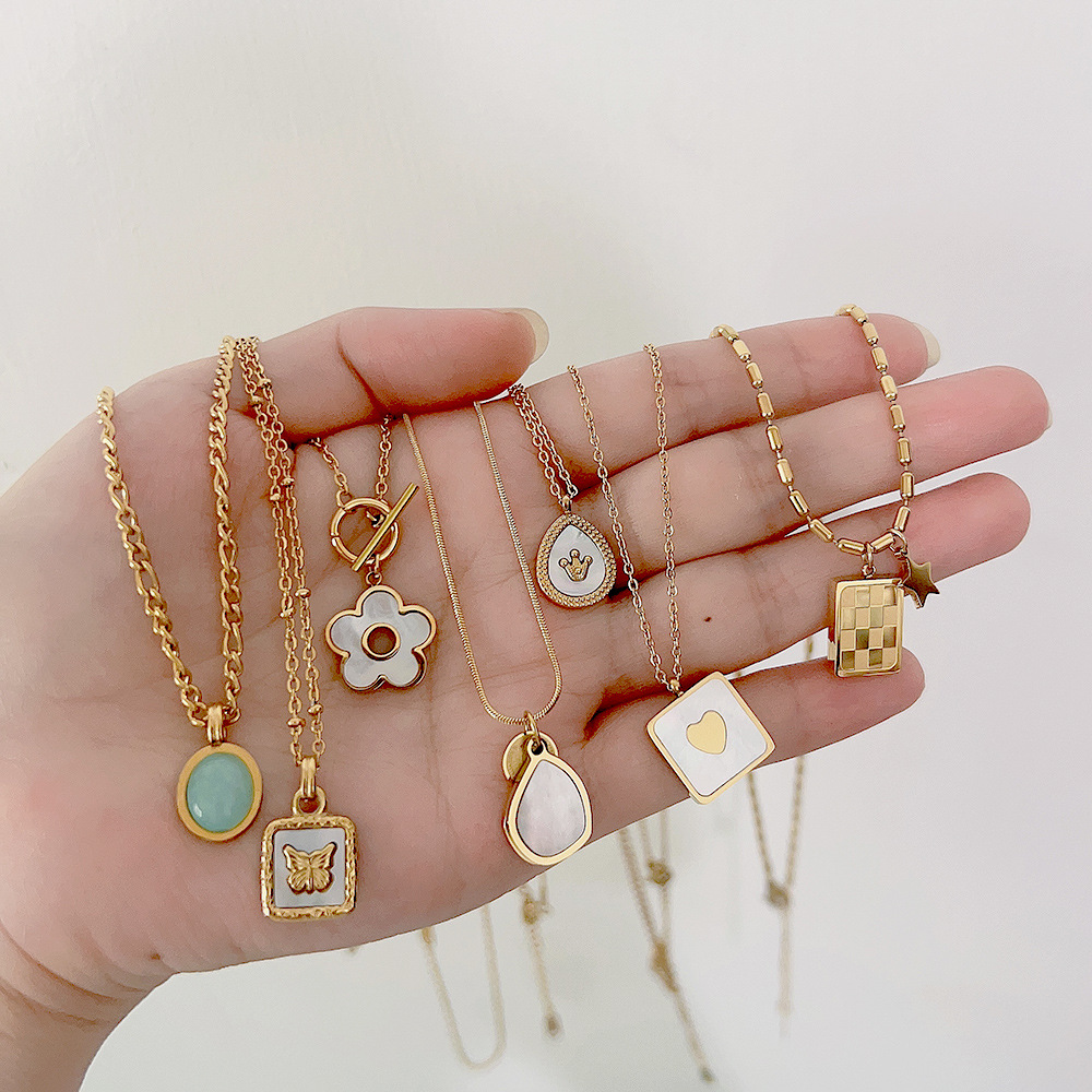 8g Weight Shell Inlay Material Fashion Square Water Droplets Flower Stainless Steel Titanium Steel Plating Inlay Shell Pendant Necklace 1 Piece