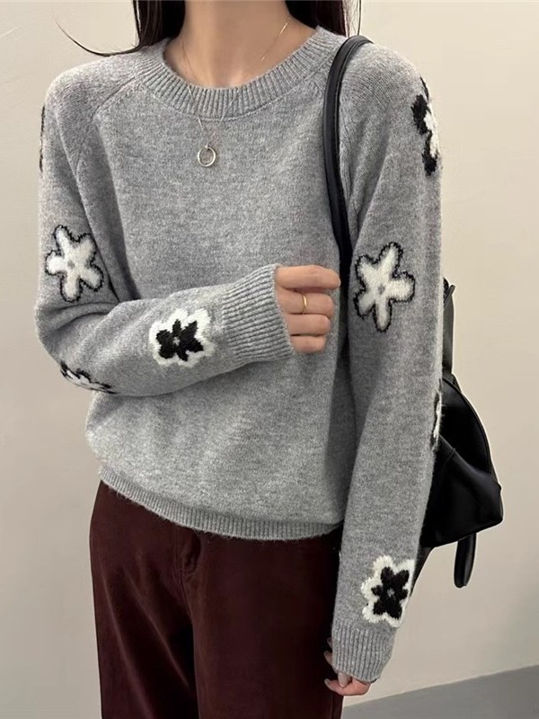 秋冬女士圆领灰色毛衣女款2025新款慵懒高级感宽松外穿针织衫冬季|undefined