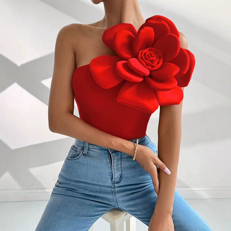 European and American women's new elegant slant shoulder sleeveless 3D three-dimensional large flower slim vest