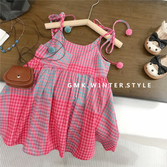 兒童小清新毛球系帶格子連衣裙中小童女童甜美吊帶裙女孩夏裝裙子