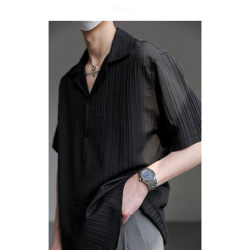 Light Luxury High-Grade Drape Trend Men's Summer Thin Short-Sleeve Shirt Casual Loose Pure Color Iron-Free White Collared Shirt