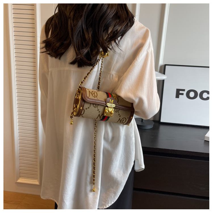 High-End-Damen-Kleintasche, Damentasche, neue französische Ketten-Umhängetasche, vielseitige Nähte, Leder-Crossbody-Zylindertasche_voghion.com