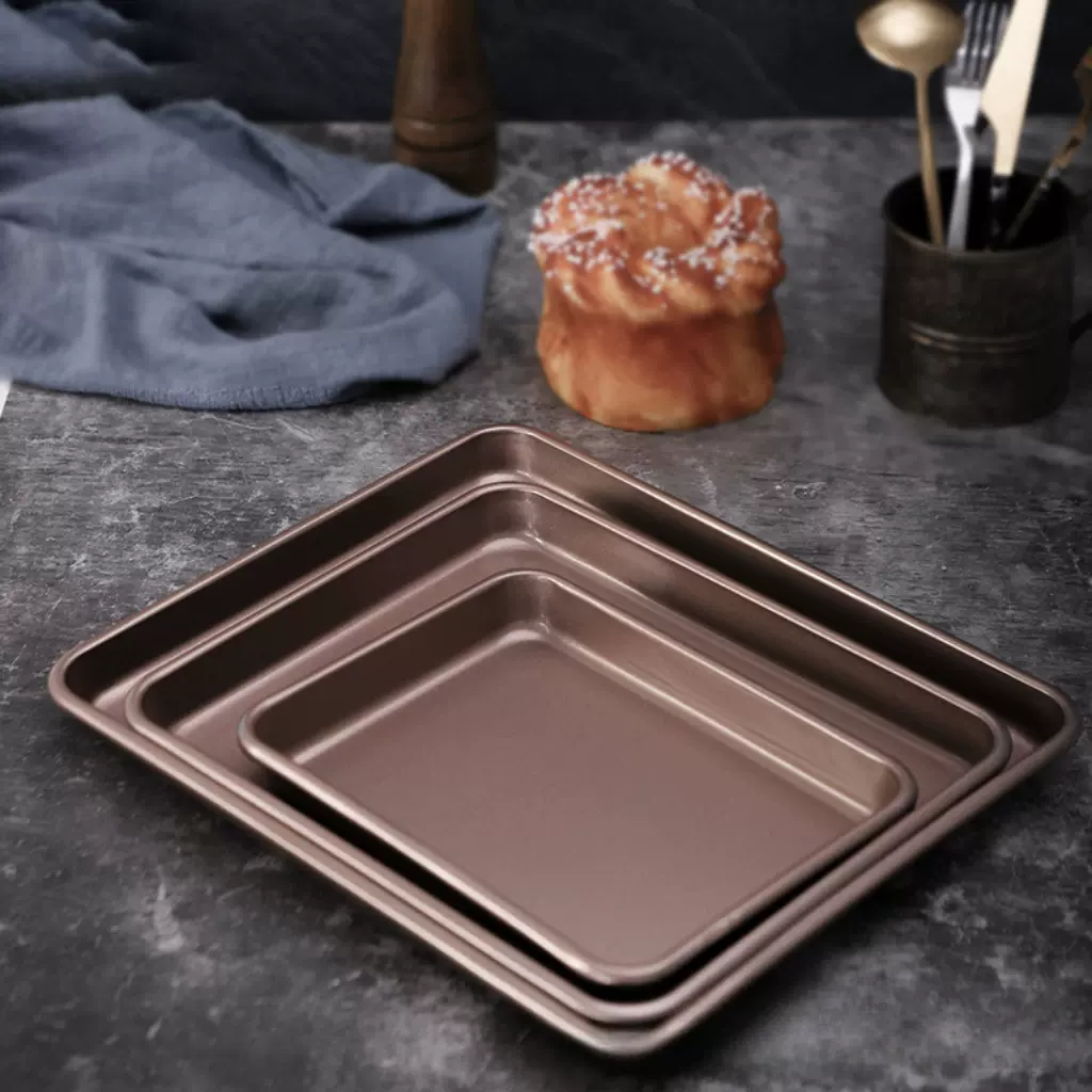 厂家直供金色重型碳钢烤盘长方形烘焙模具加深不沾耐温烤盘批发