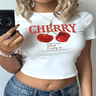 跨境现货欧美T恤女2025夏新款修身显瘦辣妹性感趣味图案印花上衣
