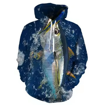 跨境秋季潮流鱼3D数码印花男士带帽卫衣厂家直销休闲卫衣