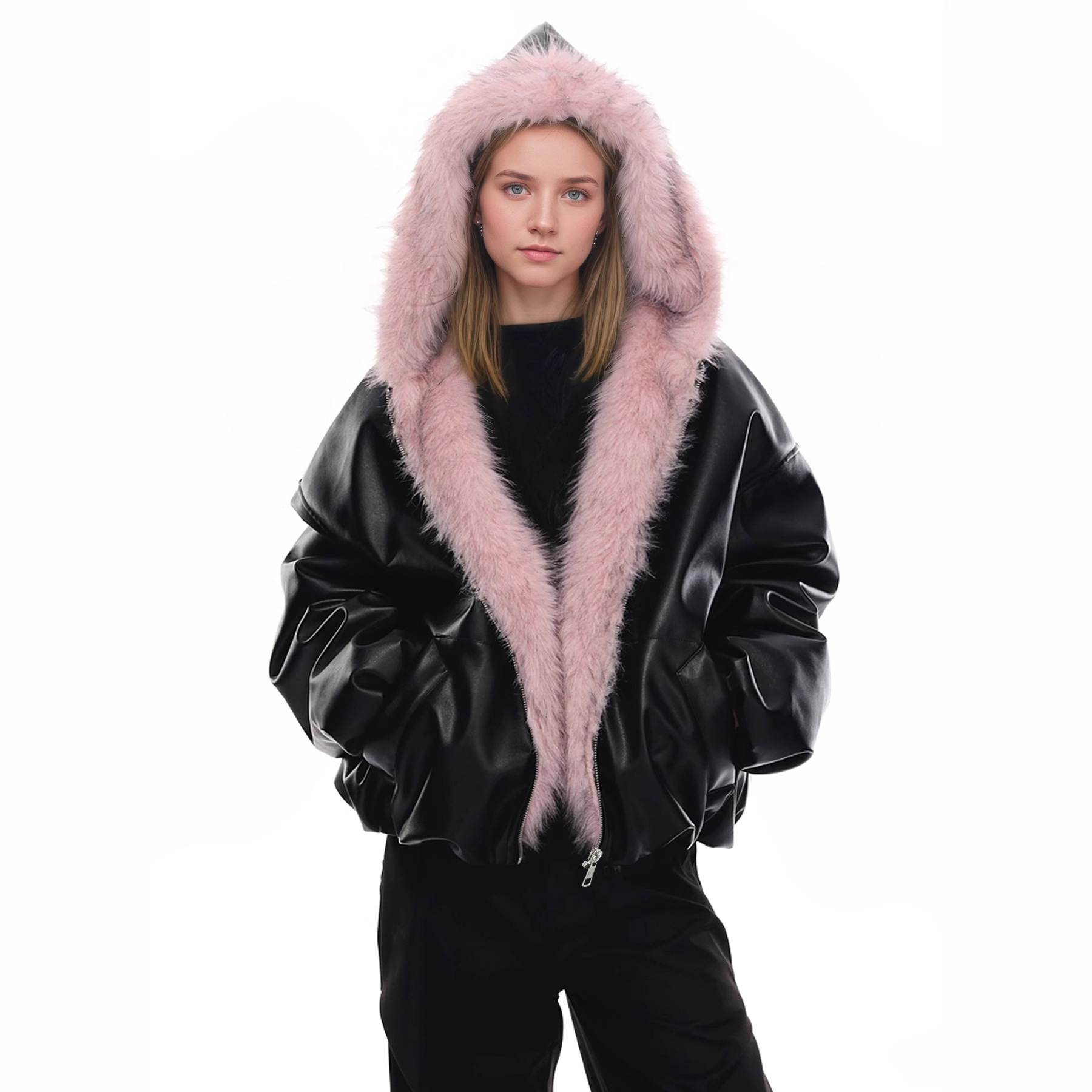 European and American Cross-Border Trade Popular Pink Plush Leather Jacket for Women, Winter Design with Windproof Hood