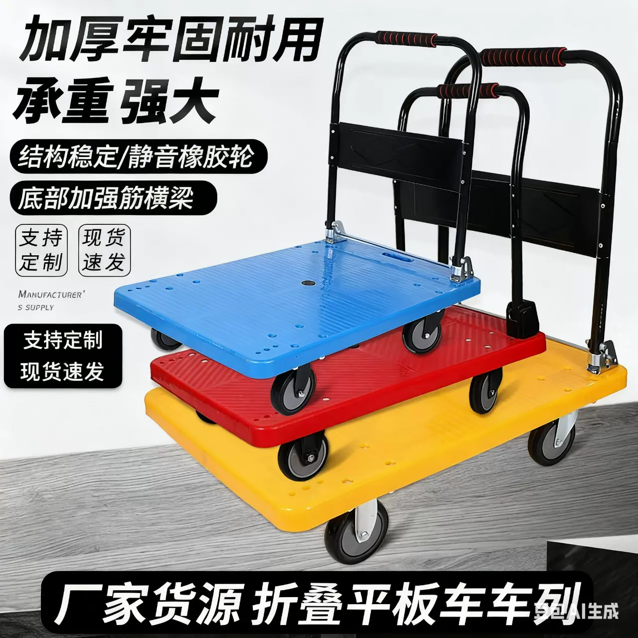 平板手推车厂家拉货静音物流小推车折叠便携搬运拖车塑料平板车