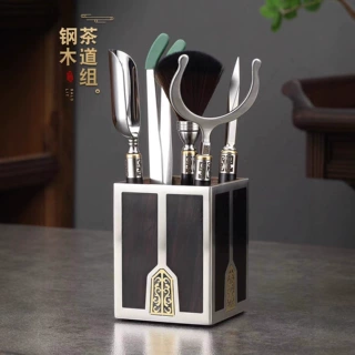 功夫茶具配件大全五件套高端紫光檀木不锈钢茶勺刀茶夹杯叉养壶笔