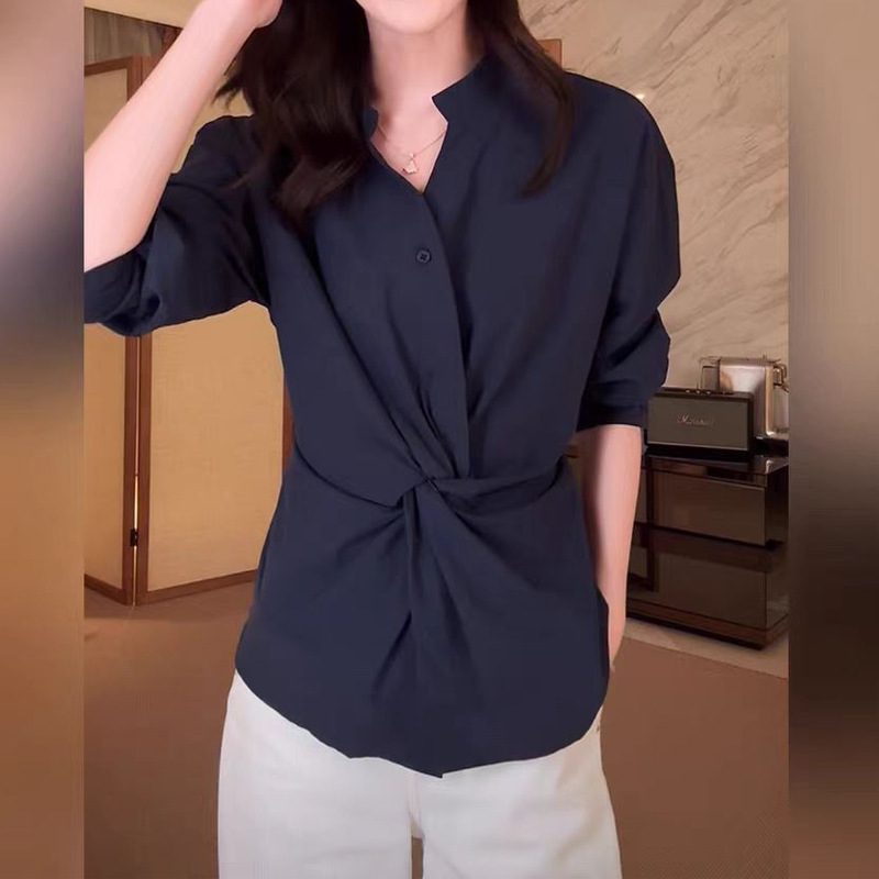 欧货设计感2025秋季柔感莱赛尔长绒棉混纺&扭结设计收腰两穿衬衫|undefined