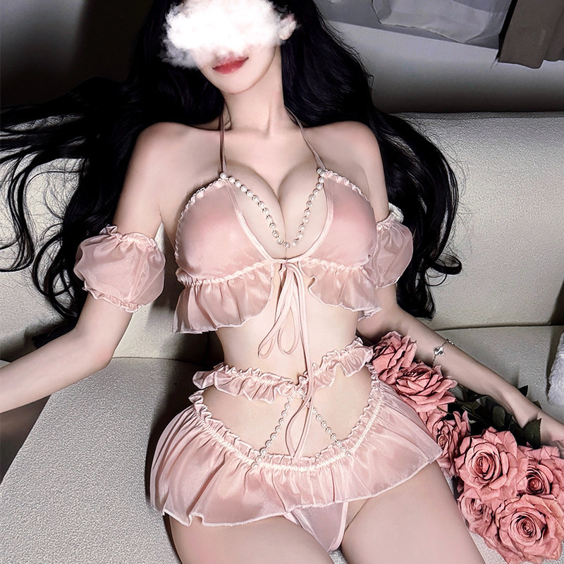 Sexy Lingerie, Sexy Pearl Cake Skirt, Lace Suspender Hip Skirt, Nightgown, Uniform Temptation Three-Point Pajamas Set