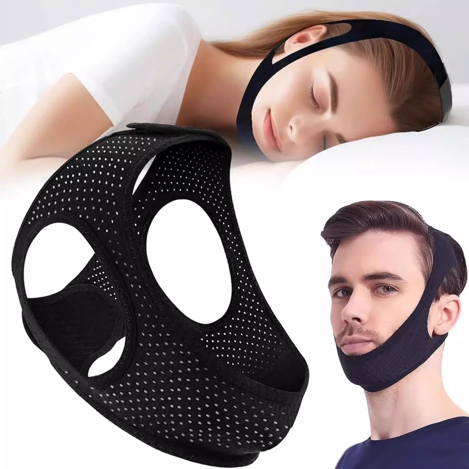 New anti-snoring belt with triangular design, front-facing jaw support, mouth-opening breathing strap, breathable design, jaw fixation and pressure.