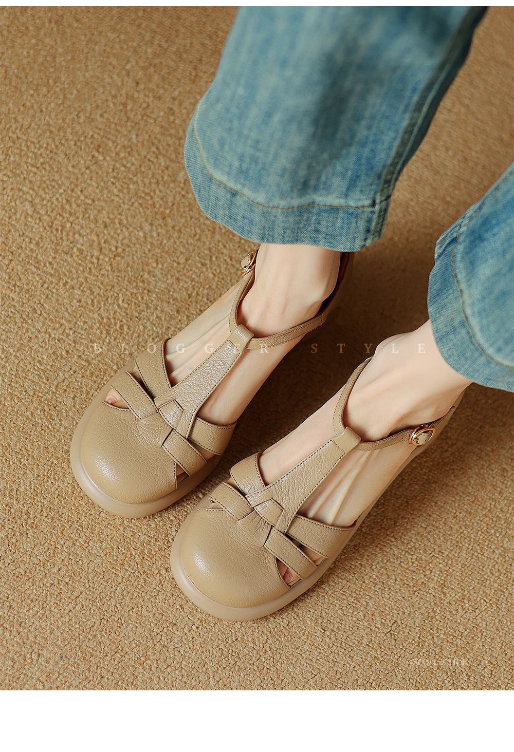 Sandal Mary Jane nữ đế dày gót vuông mũi tròn dệt kiểu La Mã — Màu trắng nhạt chi tiết 2
