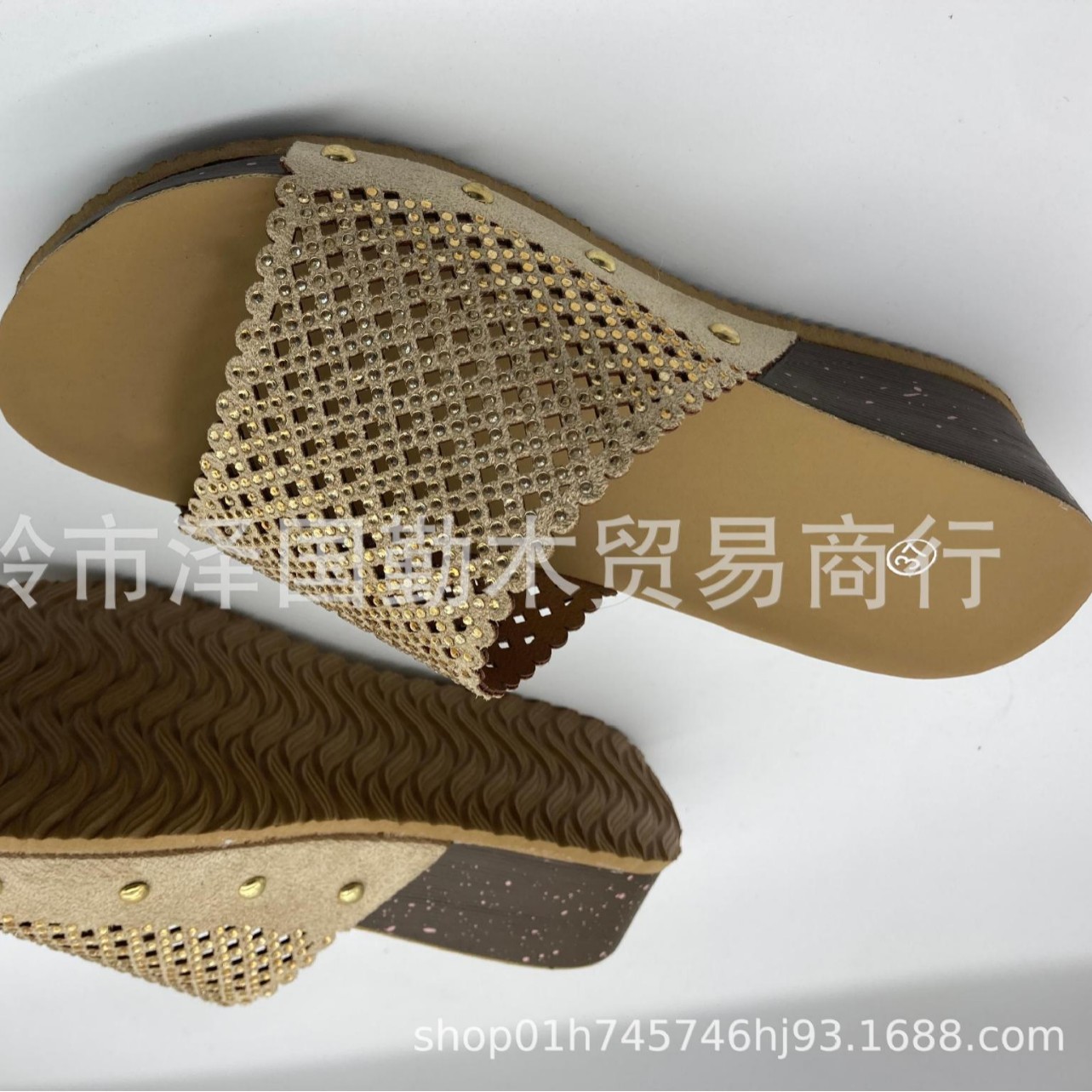 Foreign Trade Large Size 2025 New Fishnet Cut Out Rhinestone Open-Toe One-Line Wedge Slippers Women's Cool Fish Mouth Shoes