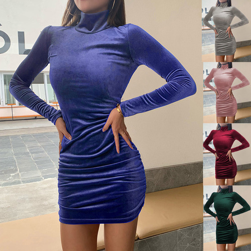 European and American Fashion Long-Sleeve Tailored Dress 2024 Autumn/Winter New High-Neck Shrink Fold Fleece Shrink Fold Dress
