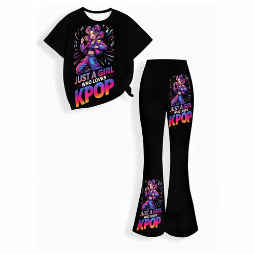 Kpop Demon Hunters Group, silk milk, skin-friendly elastic bell-bottom pants, children's casual suit, Malay Station, hot sale and cute