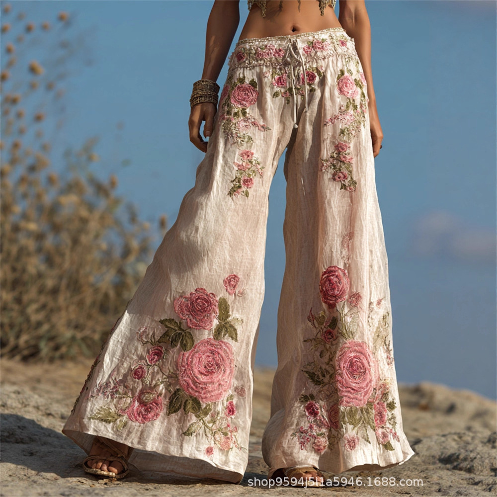 Cross-Border Autumn and Winter Linen Women's Clothing, Artistic Retro Casual Wide-Leg 3D Printed Long Pants, Versatile Linen Wide-Leg Pants for Women