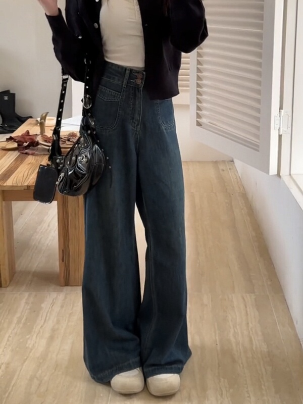梨妹之家阔腿拖地慵懒牛仔裤女阔脚裤复古高腰大裤脚不贴腿长裤子|undefined