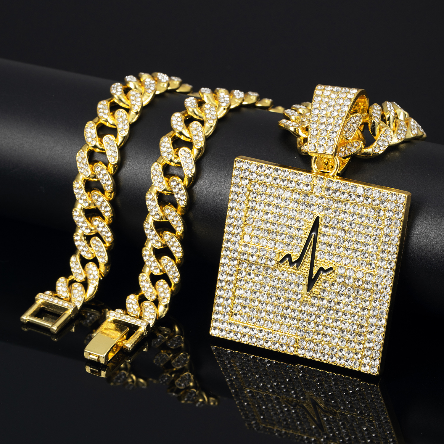 New Square Plate ECG Pendant Alloy Full Diamond Cuban Link Chain Hip Hop Style Trendy Men's Jewelry  Price display picture 1