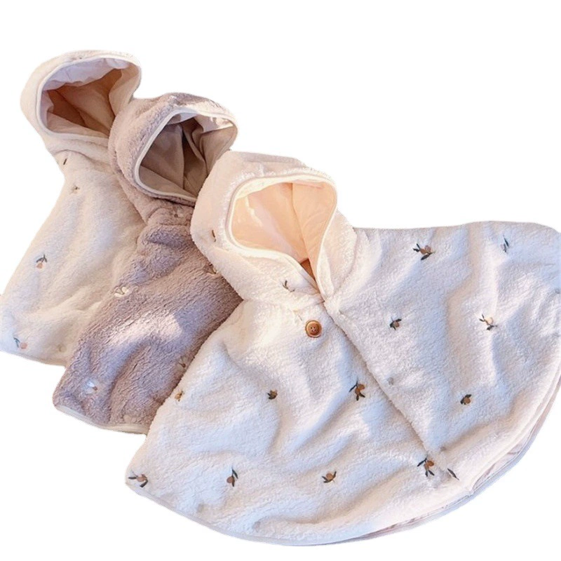 Ins Корейский детский плащ с капюшоном и вышивкой, Детская шаль, ветрозащитный Теплый маленький плащ из кораллового флиса