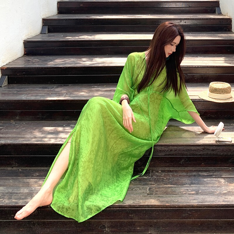New Chinese-Style Green V-Neck Dress for Women, Summer Elegant High-End Modified Hanfu, Lazy Style Loose Vacation Long Dress New Chinese-Style Green V-Neck Dress for Women, Summer Elegant High-End Modified Hanfu, Lazy Style Loose Vacation Long Dress