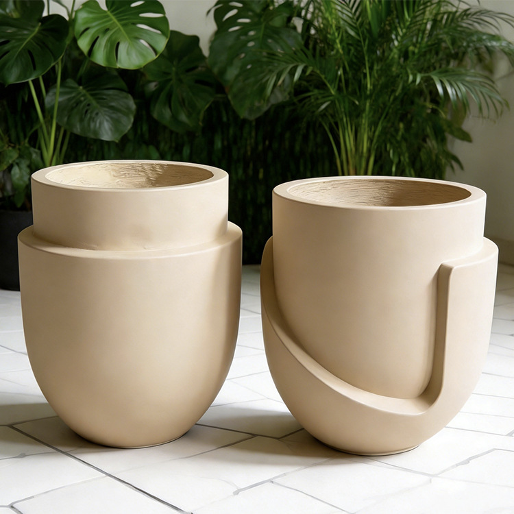 Finished Product: Imitation Mud-Colored Round Ornament, Spherical Large-Bellied Fiberglass Flower Pot, Garden Planting Vegetable Garden Magnesium Cement Flower Tub