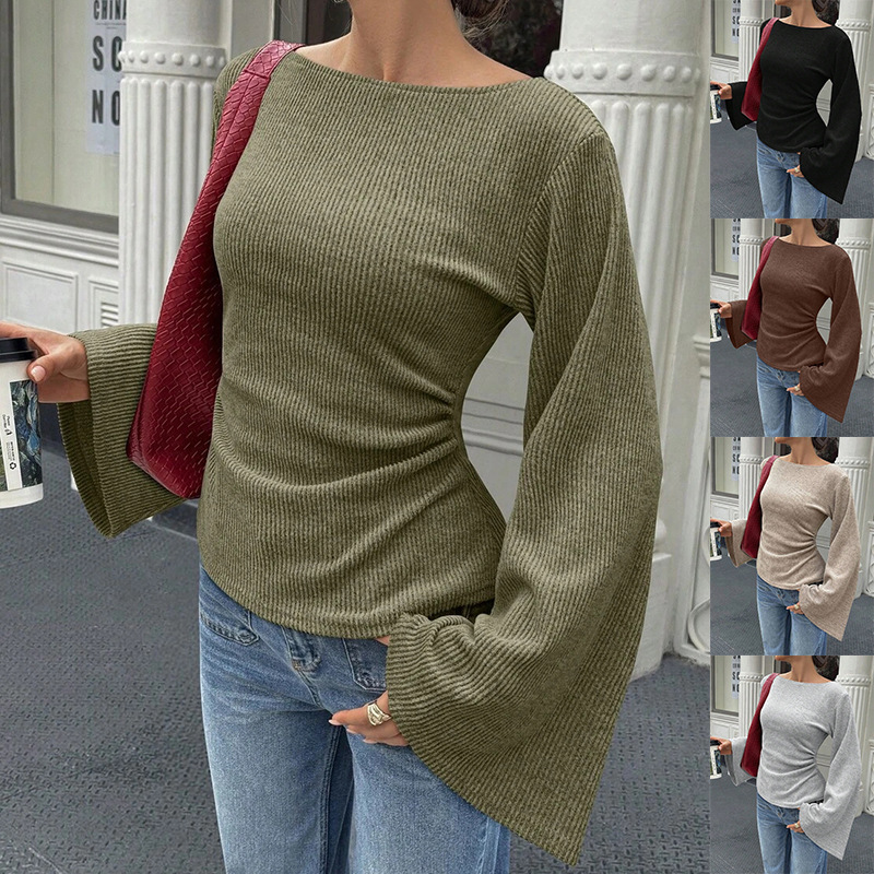 European and American Cross-Border Amazon 2026 New Women's Round-Neck Casual Waist-Cinching Pullover Ribbed Brushed Long-Sleeve T-Shirt