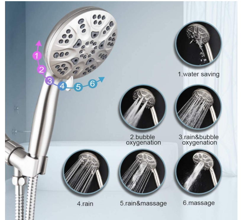 Xiamen directo simple ABS seis funciones ahorro de agua presurizado boquilla de ducha americana ducha de ducha de mano