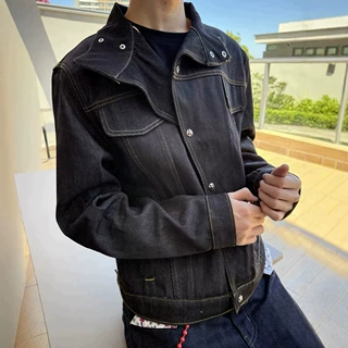 美式复古街头斜领经典短宽原牛硬挺牛仔外套男女拉链设计款夹克
