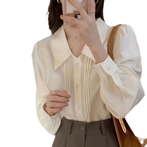 Women's winter white turtleneck shirt with pleated bellows lining, layered wear, unique design long-sleeved top