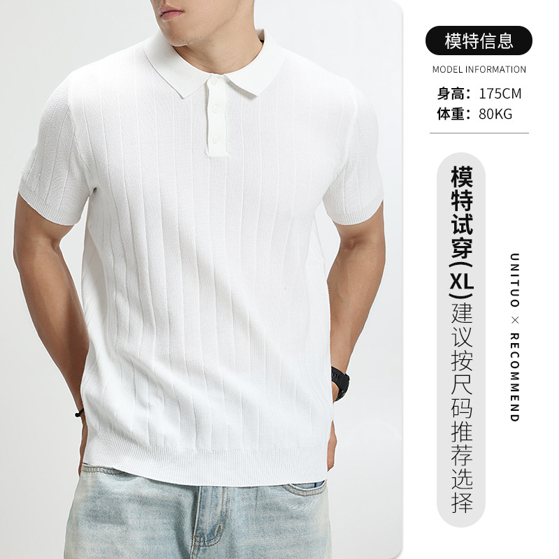 Hombre de verano de hielo de seda de punto polo camiseta de collar de manga corta europea y americana explosión de negocios casual alta sensación superior