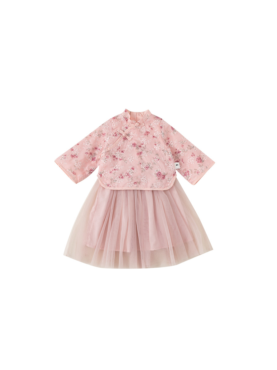 Ropa infantil Youbao, traje Hanfu para niñas, estilo chino, falda de malla bordada, conjunto de dos piezas, ropa festiva para niños de un año