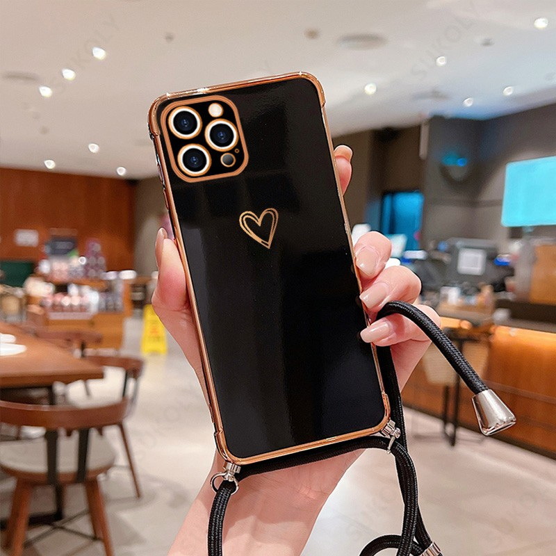 Funda para teléfono con cordón en forma de corazón galvanizado, adecuada para iPhone 17, funda protectora cruzada anticaídas para Apple 16PRO, 15, XSMAX image 7