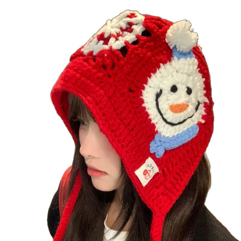 手工编织雪花雪人针织帽女2025新款毛线护耳帽秋冬保暖百搭显脸小|undefined