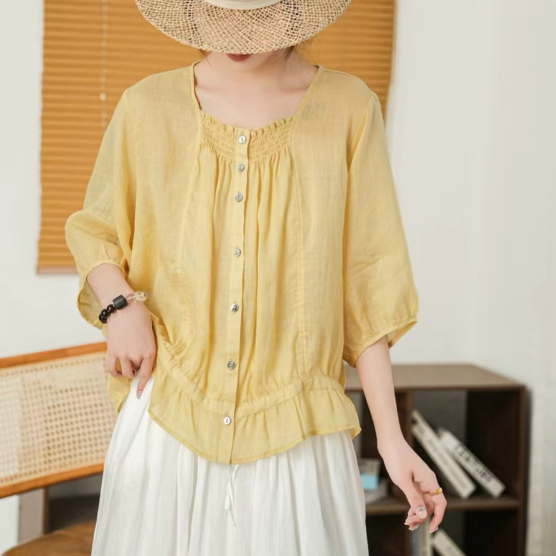 Literary Elegant Pure Color Ramie Mid-Sleeve Pullover Babydoll Shirt for Women 2025 Summer New Loose Lace Shirt