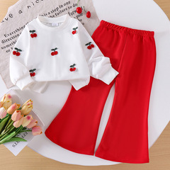 Kids clothing 跨境外贸秋冬新款小童樱桃米白长袖上衣+红色长裤