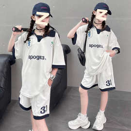 女童夏装POLO衫短裤两件套2025新款中大童韩版拼色字母T恤套装潮