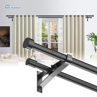 Amazon Adjustable Double Rod Curtain Rod Hook Type Matte Black Splicing End Cap Design with Bracket