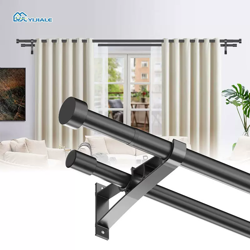 亚马逊可调节双杆窗帘杆挂钩式哑光黑色拼接端帽式设计带支架