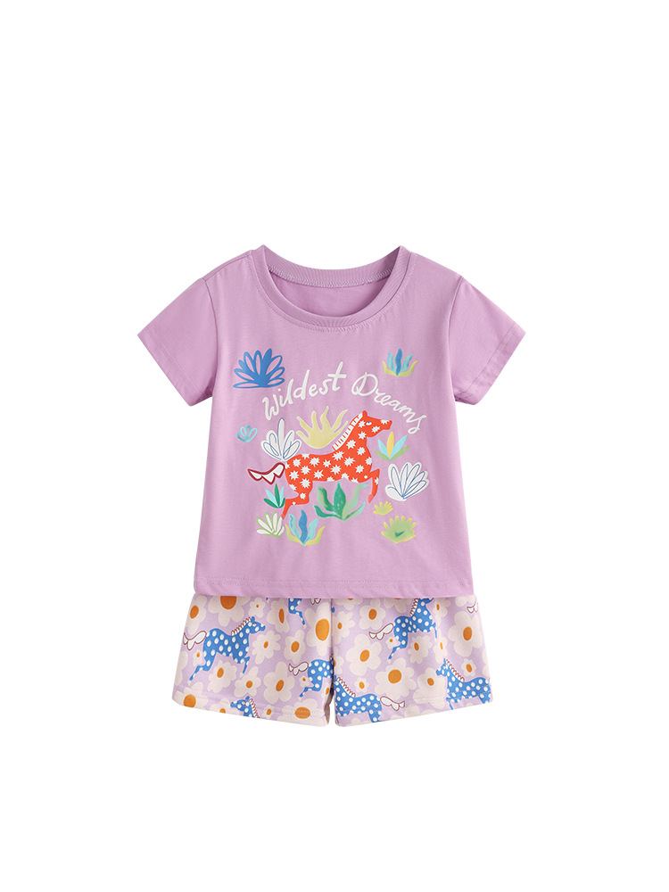 Malwee transfronterizo ropa doméstica de niñas verano nuevo estilo europeo y americano para niños pequeños adorables set de camiseta de cuello redondo