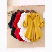 中长款短袖衬衫女2025年夏季新款大码宽松纯色收腰显瘦雪纺衫上衣