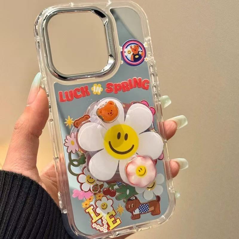 Verano lindo dibujos animados flor oso para iphone15 espejo 16ProMax funda para teléfono móvil Apple 13 femenino 14