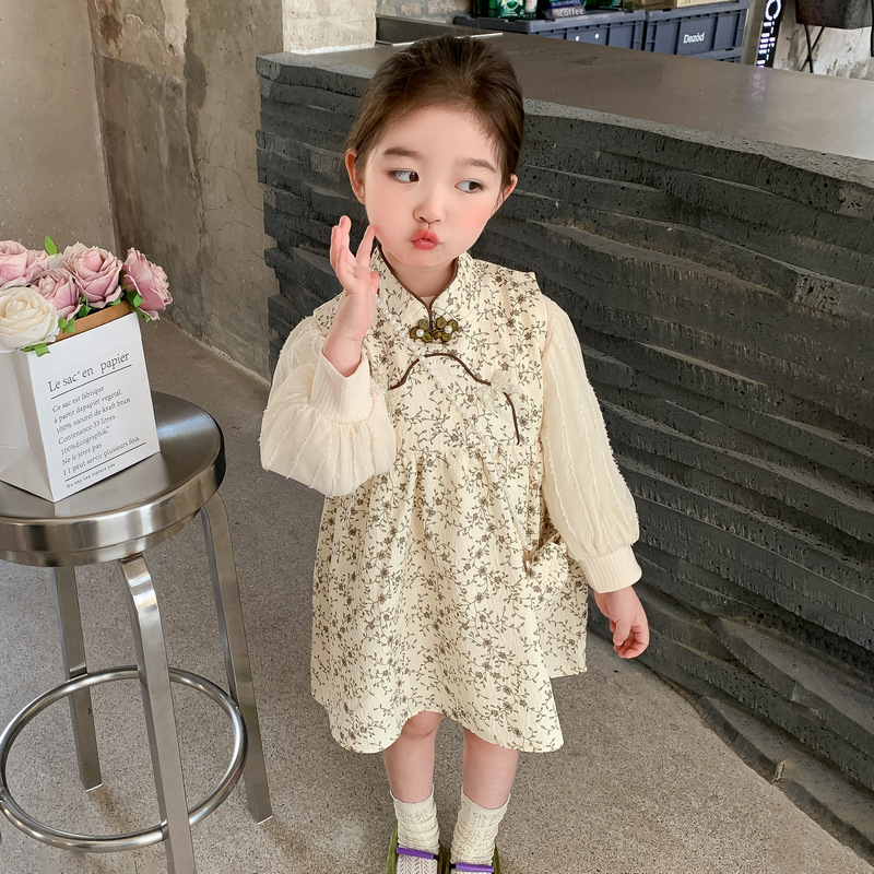 Children's Ancient Costume Performance Suit for Girls, Chinese Style Improved Floral Cheongsam Dress Set for Babies, Baby Retro Hanfu Dress with Pouch