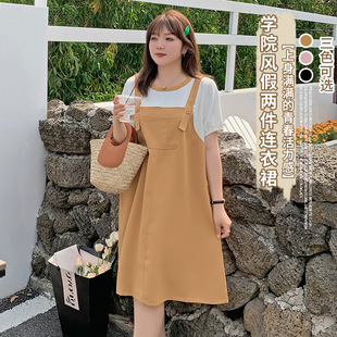 Enoch Plus Size Women's Summer Dress for Chubby Sister College Style Casual Contrast Color Fake Two-piece Strap Dress 220250