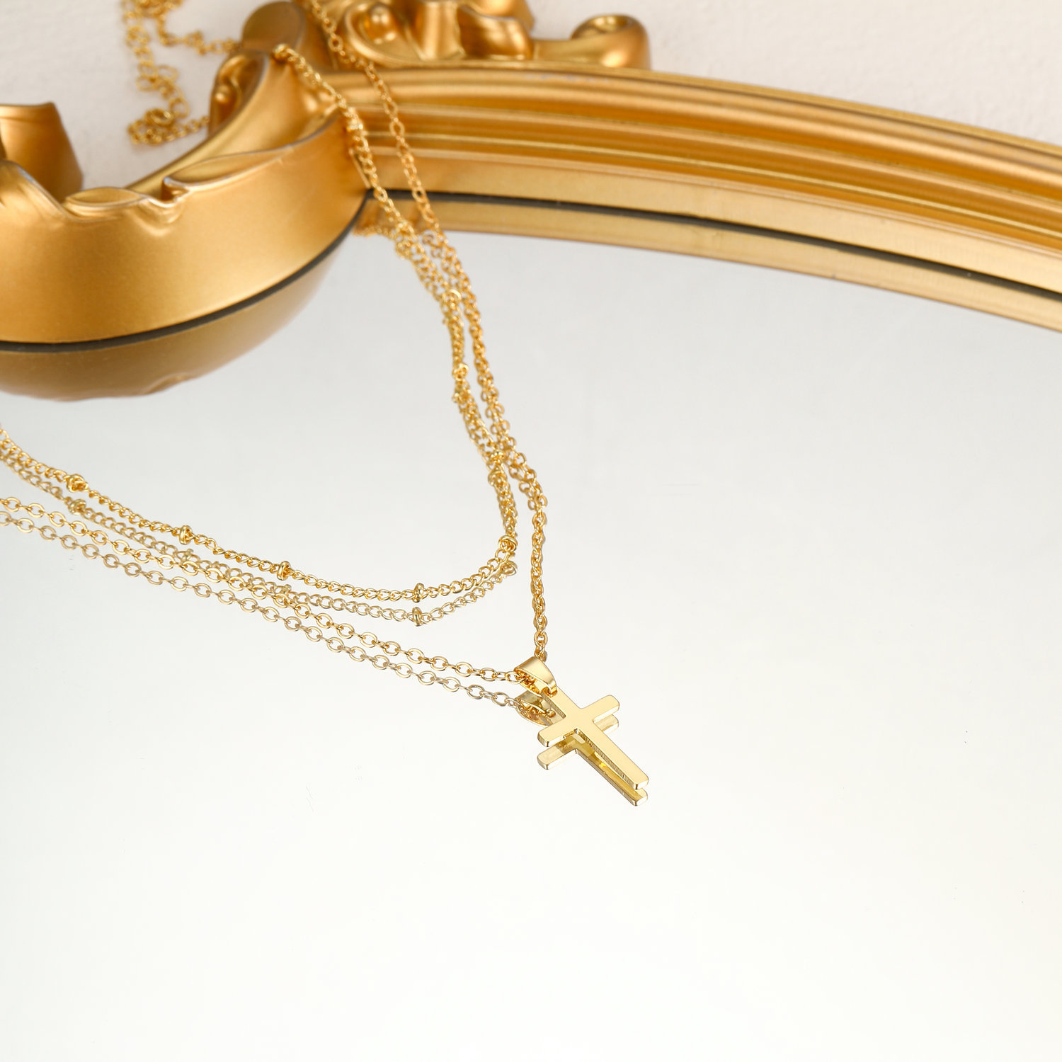 gold plated cross clip bead chain Women's exquisite simple double-layer cross pendant clip bead necklace_voghion.com