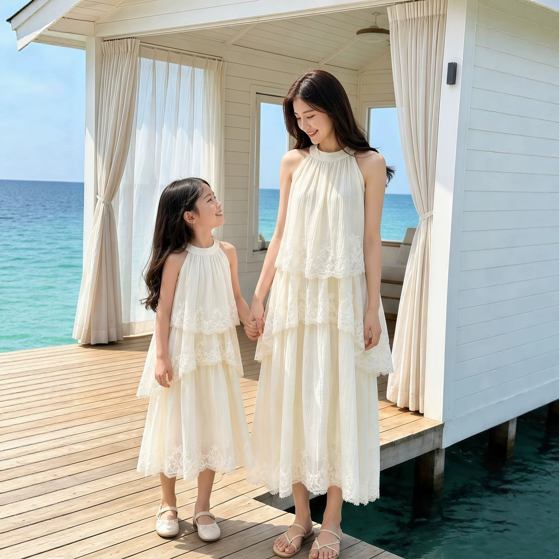 Matching Mother-Daughter Dresses, New Summer Style, French Lace Halter Neck Cake Dress, Long Dress, Beach Vacation Dress